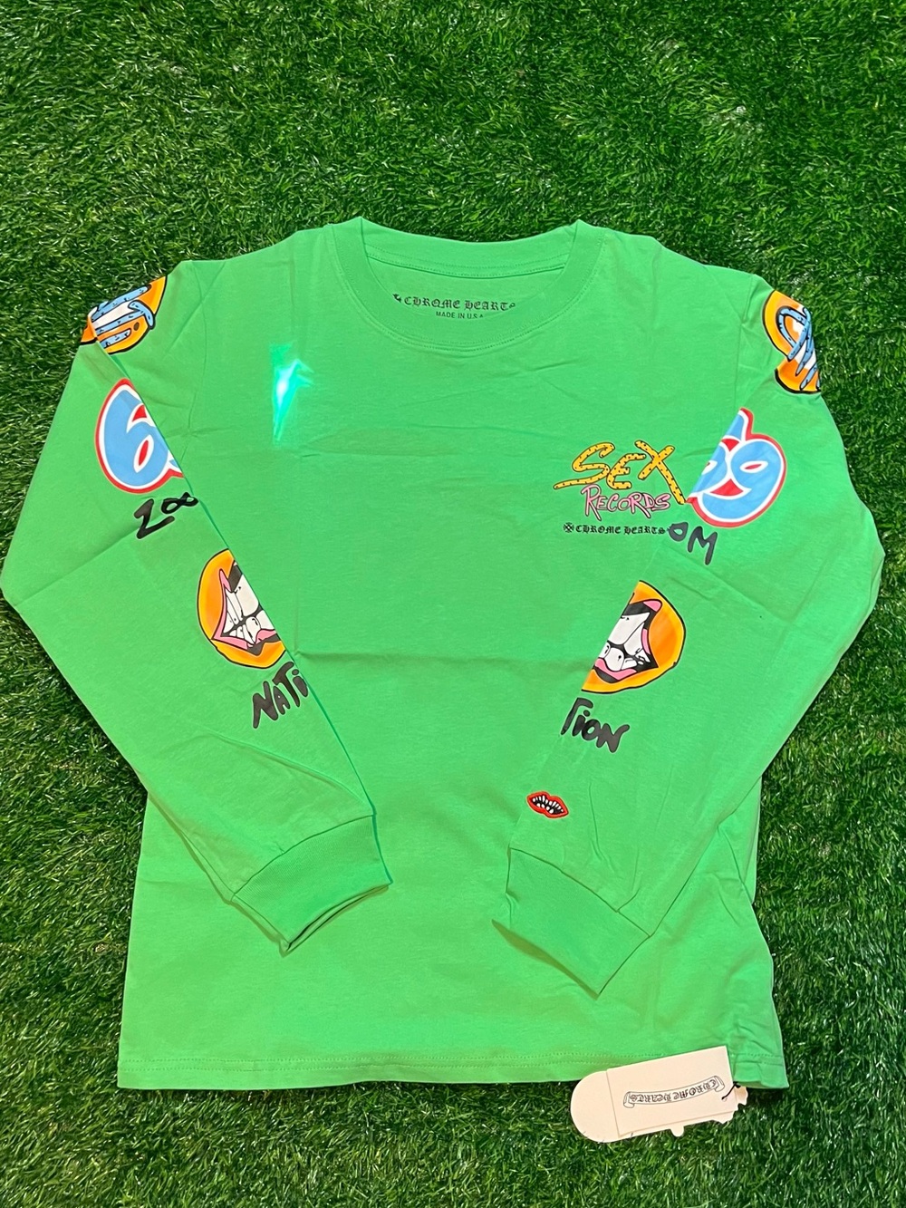 Chrome Hearts Bright Green Graphic Long Sleeve Tee with Sleeve Art